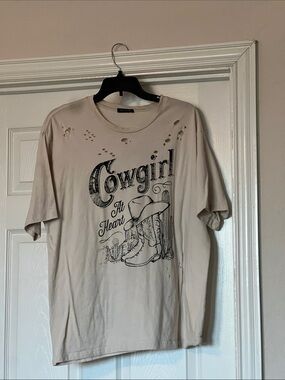 Cowgirl Graphic Tee - Beige Short Sleeve Shirt